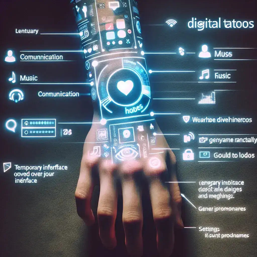"Image of a hand applying a digital tattoo interface on skin, illustrating the concept of temporary electronic tattoos that enhance mobile device interaction. The tattoo features intricate designs and embedded technology for seamless connectivity."